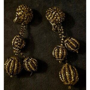 Vintage  Seed Bead Dangle Earrings 3 Ball Drop Clip On Brown Gold Clear
